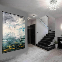 Load image into Gallery viewer, Green White Gold Abstract Painting Oversized Canvas Art Living Room Op088