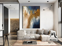 Load image into Gallery viewer, Large Living Room Art Blue Gold Abstract Painting Bg012