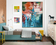 Load image into Gallery viewer, Deep Green Blue Orange Abstract Acrylic Painting Extra Large Wall Art Canvas Cp003