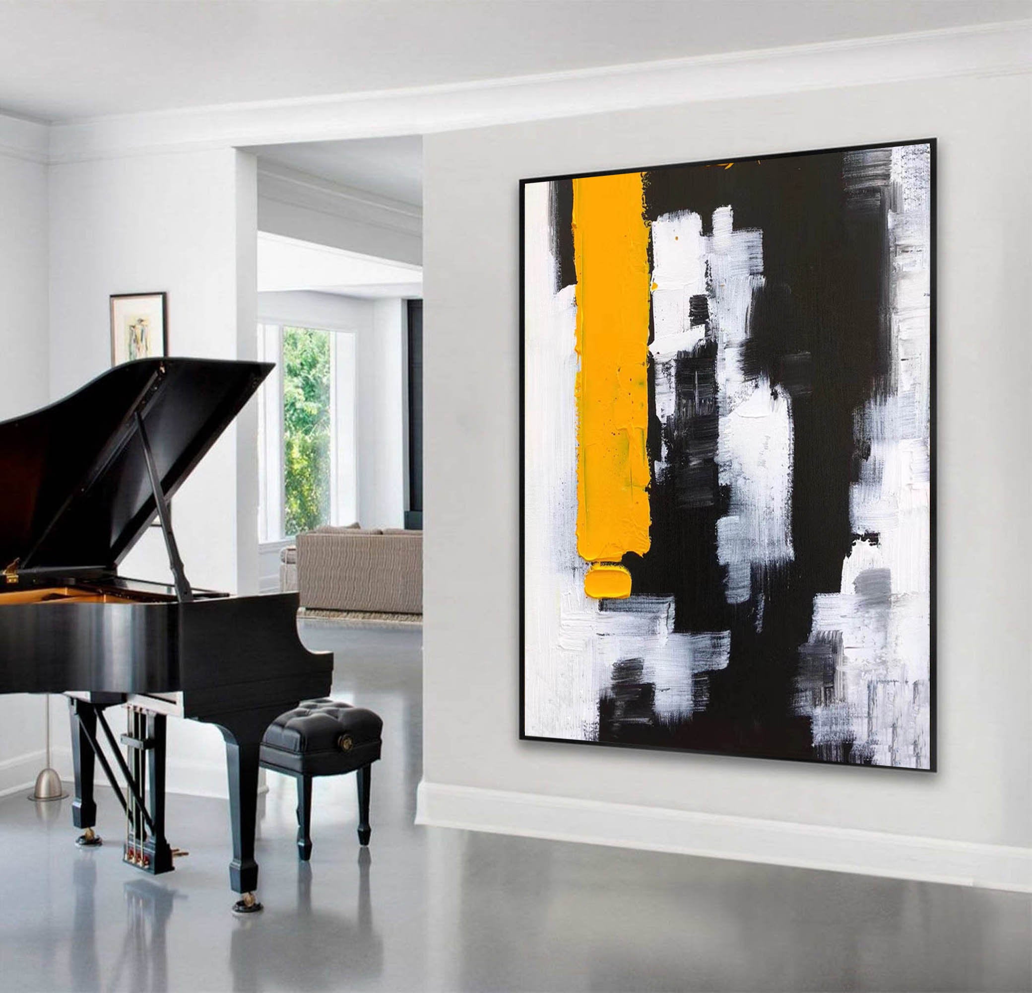 Black White Yellow Abstract Paintings on Canvas Oversized Abstract Art