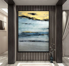 Load image into Gallery viewer, Navy Blue Gold Grey Abstract Painting Modern Wall Art Canvas Np086