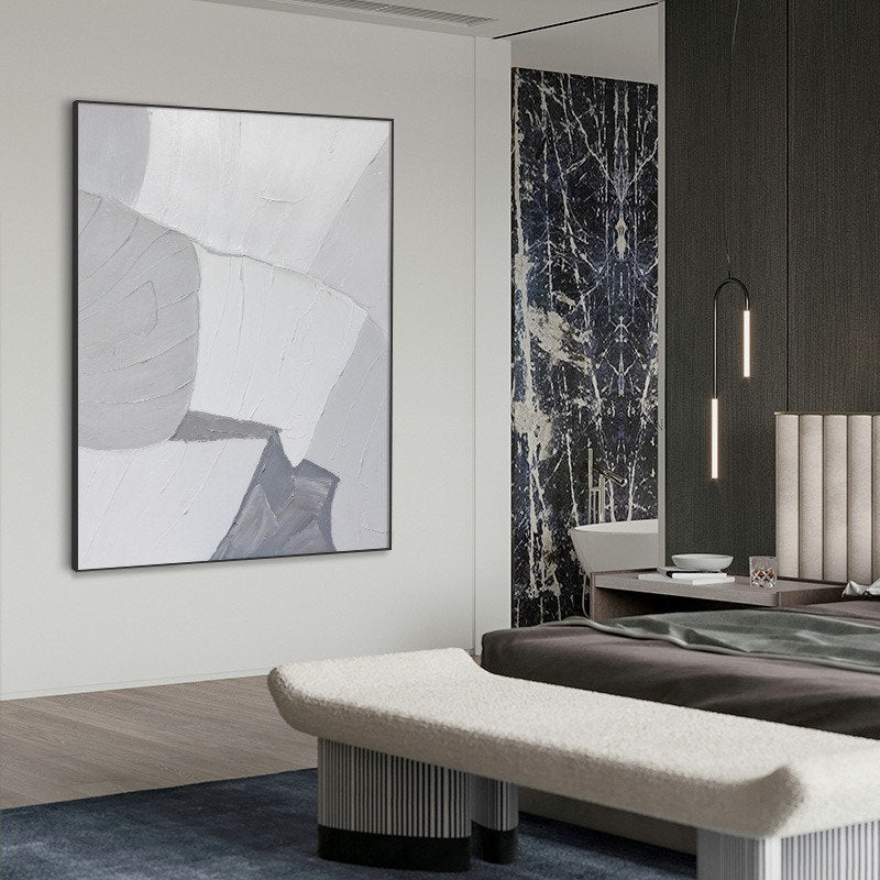 Oversized Abstract Canvas Wall Art Gray and White Acrylic Painting Gp0