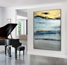 Load image into Gallery viewer, Navy Blue Gold Grey Abstract Painting Modern Wall Art Canvas Np086