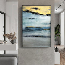 Load image into Gallery viewer, Navy Blue Gold Grey Abstract Painting Modern Wall Art Canvas Np086