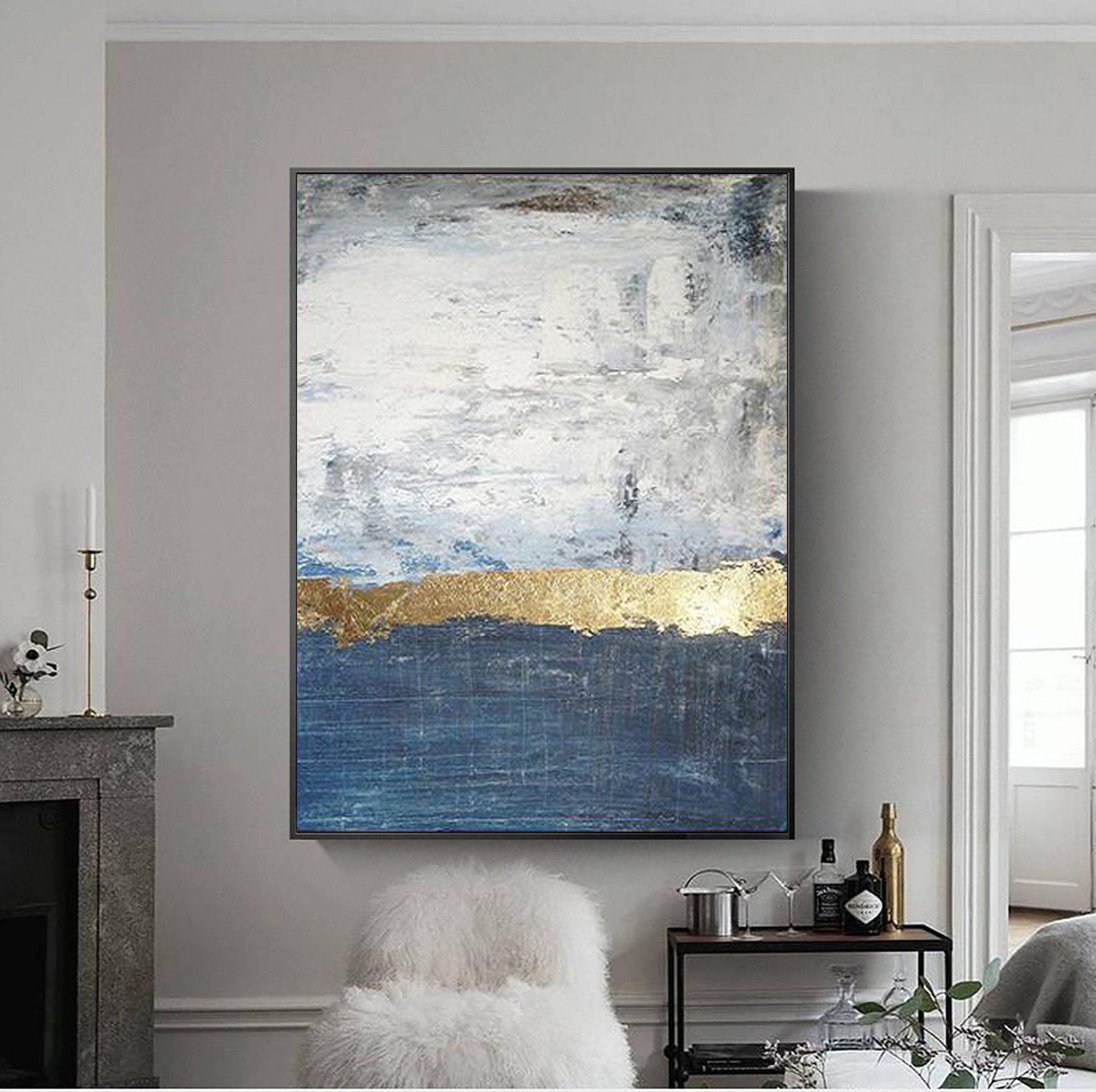Navy Blue Grey Wall Painting on Canvas Ocean Sunset Painting Cp032 ...