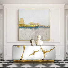 Load image into Gallery viewer, Gold and Grey Wall Art Blue Art White Canvas Painting Original Artwork Dp038