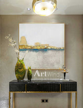 Load image into Gallery viewer, Gold and Grey Wall Art Blue Art White Canvas Painting Original Artwork Dp038