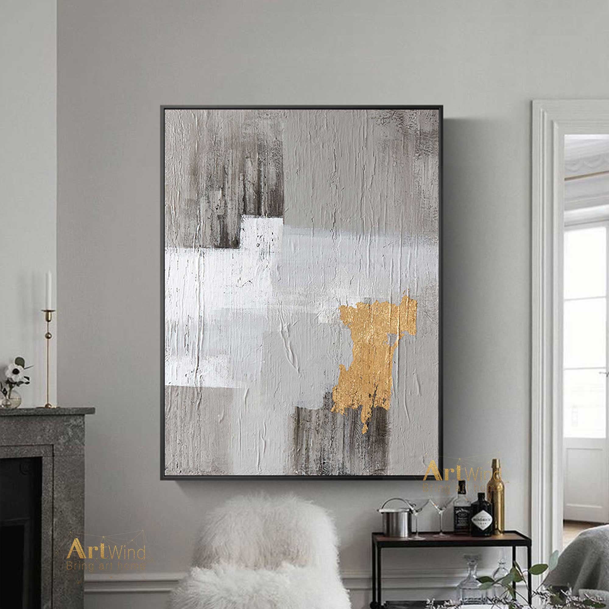Grey And Gold Art White Painting Modern Wall Art Original Artwork Bedr