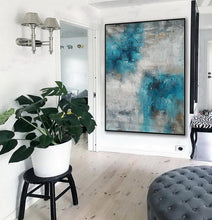 Load image into Gallery viewer, Turquoise Blue White Abstract Acrylic Painting on Canvas Ap099