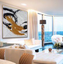 Load image into Gallery viewer, Gold Black White Minimal Abstract Acrylic Painting on Canvas Office Art Ap087