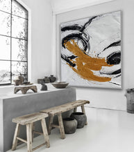 Load image into Gallery viewer, Gold Black White Minimal Abstract Acrylic Painting on Canvas Office Art Ap087