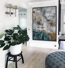 Load image into Gallery viewer, Green Gray White Gold Leaf Abstract Painting Giant Wall Decor Ap097