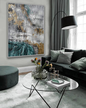 Load image into Gallery viewer, Green Gray White Gold Leaf Abstract Painting Giant Wall Decor Ap097