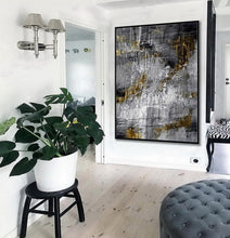 Load image into Gallery viewer, Glod Leaf Abstract Art Black GrayTextured Abstract Painting Ap057