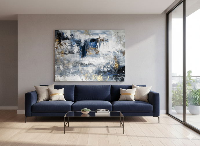 The Captivating Depth of "Blue White Large Palette Knife Abstract Painting Yp109": Exploring Its Role in Contemporary Interiors