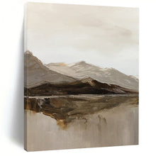 Load image into Gallery viewer, “Mountain Mirror” – Muted grays, browns, beiges with thick brushstrokes of mountains and reflection DTP358
