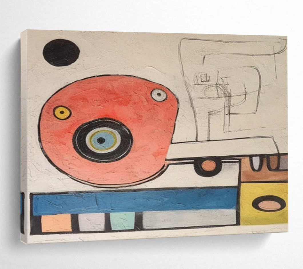 Whimsical Circular Creature Red, Blue & Playful Patterns on Canvas DLZ004