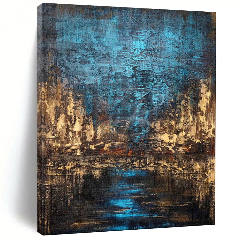 Blue & Brown Textured Cityscape Abstract Art, Perfect for Industrial Living Room & Urban Office LargeART2074