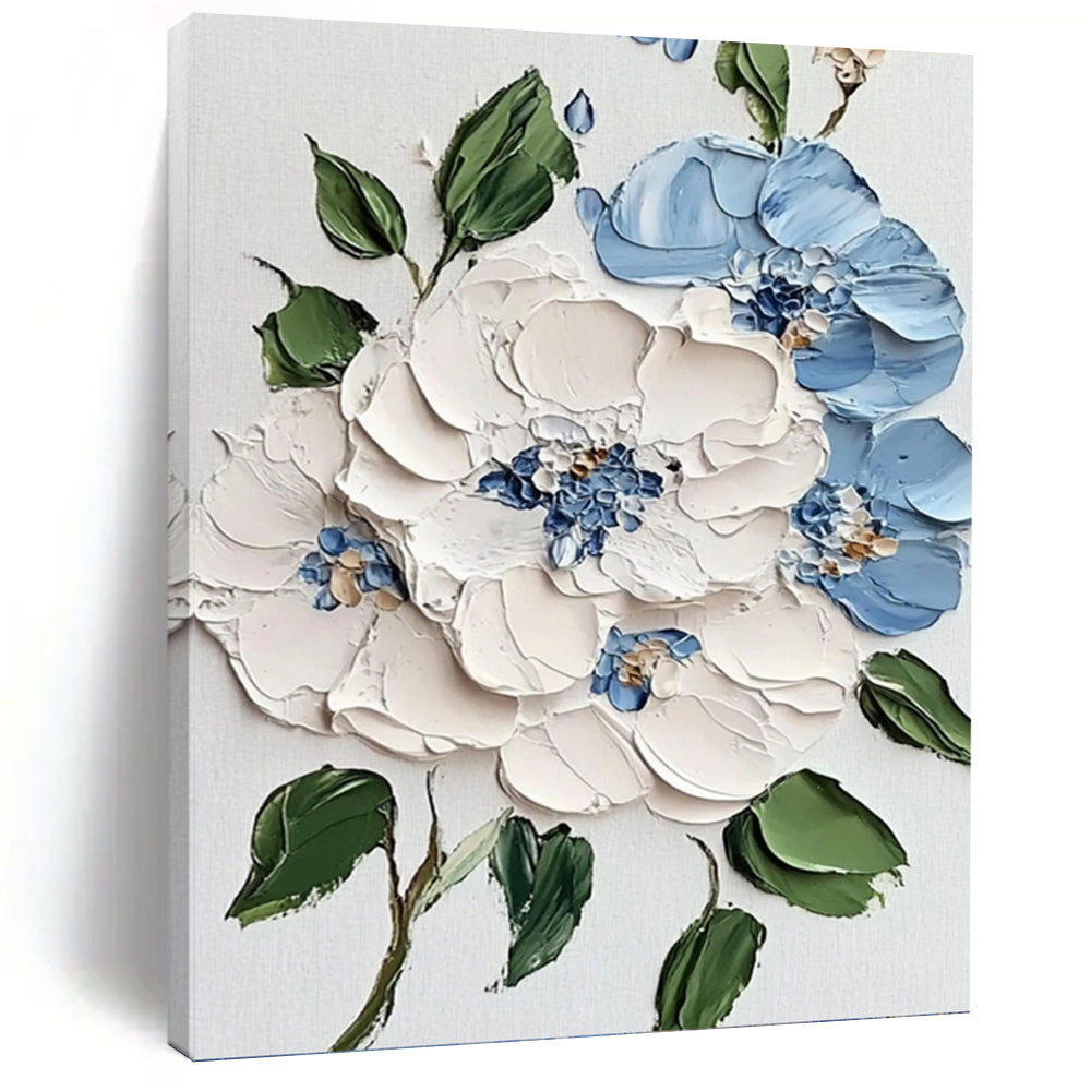 “Textured Blue and White Blooms” - 3D Floral Art on Canvas DKH1387