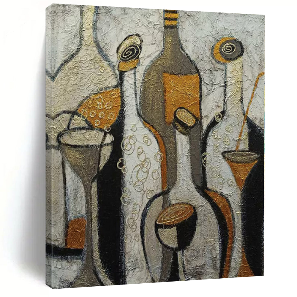 Textured Bottles and Glasses Abstract Canvas Painting, Great for Sophisticated Wine Cellar & Art - Filled Dining Room LargeART1193