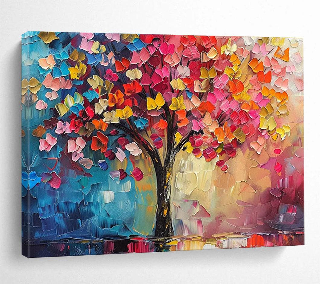 Colorful Tree “Patchwork Blossoms” Painting on Canvas, Whimsical Nature Art DKH858