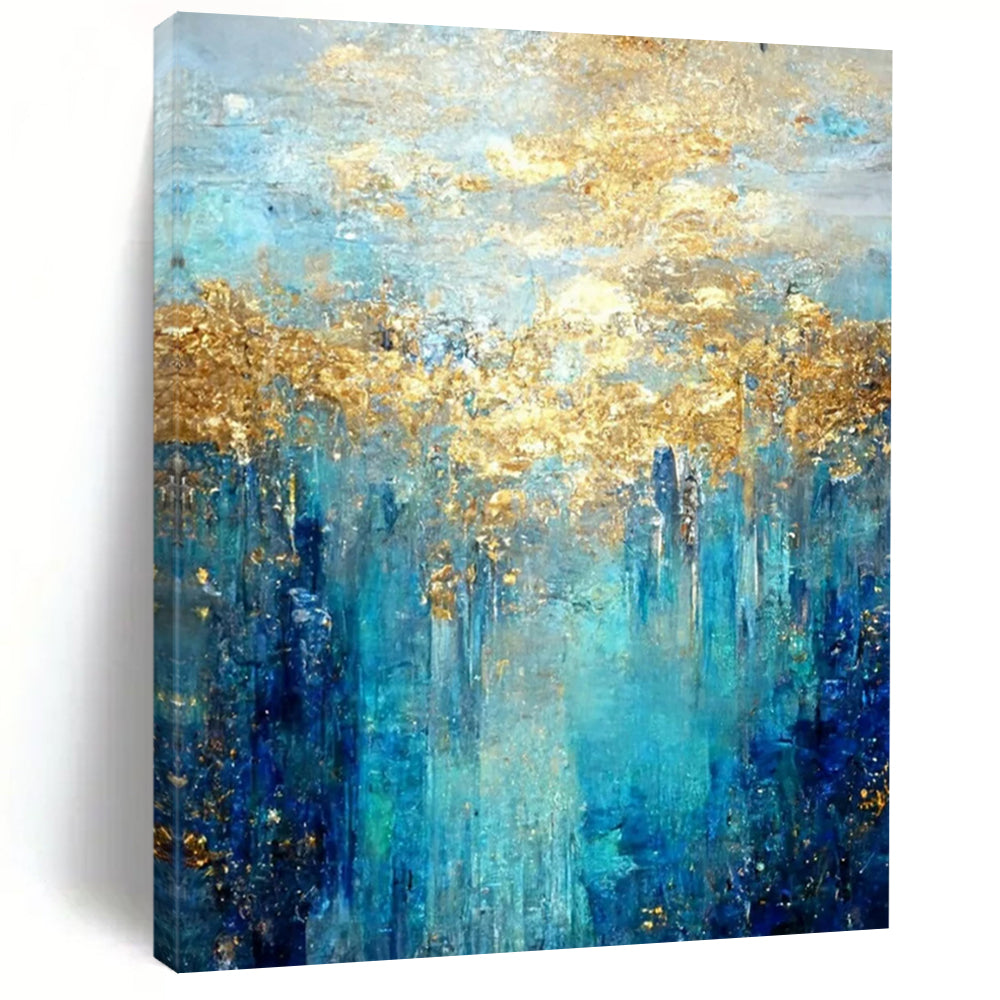 “Blue - Gold Forest” – Blue, Aqua & Gold Abstract Acrylic with Textured Trees DTP065