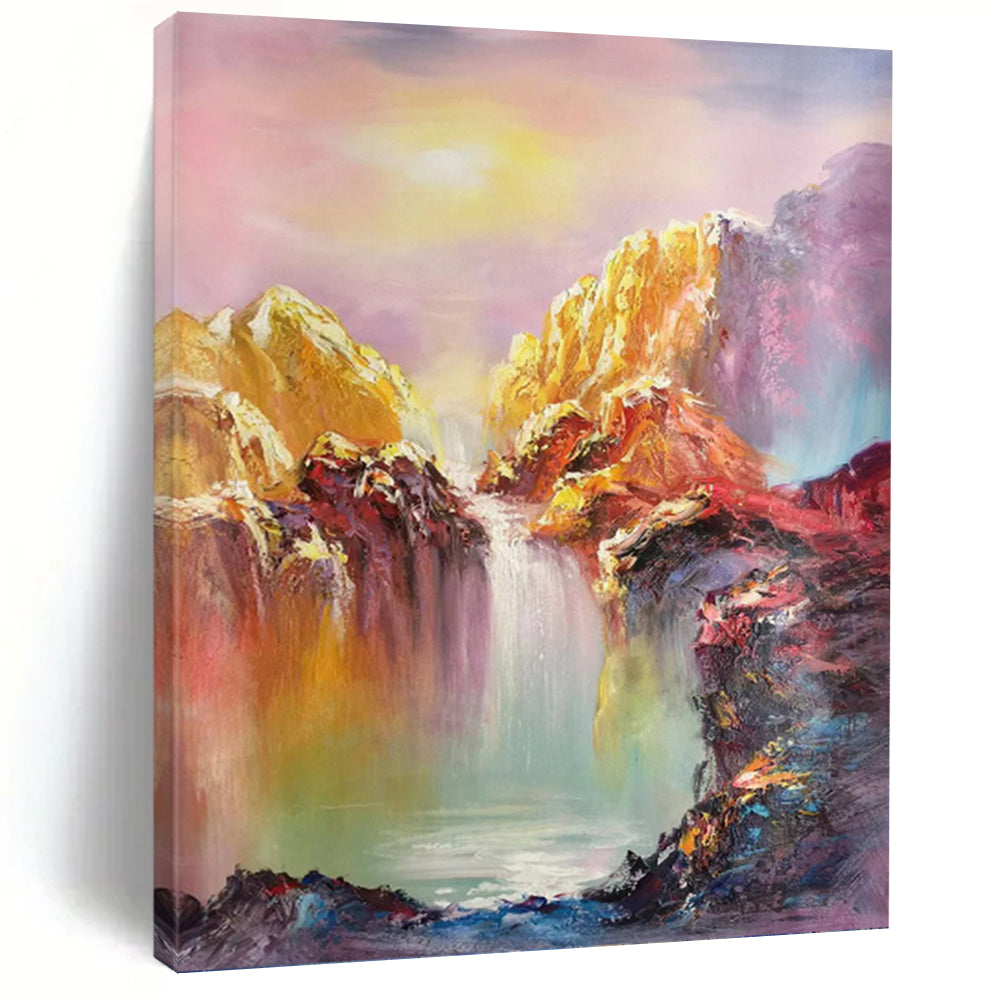 “Vibrant Waterfall Mountain Scene” - Multicolor Landscape Art on Canvas DKH1279