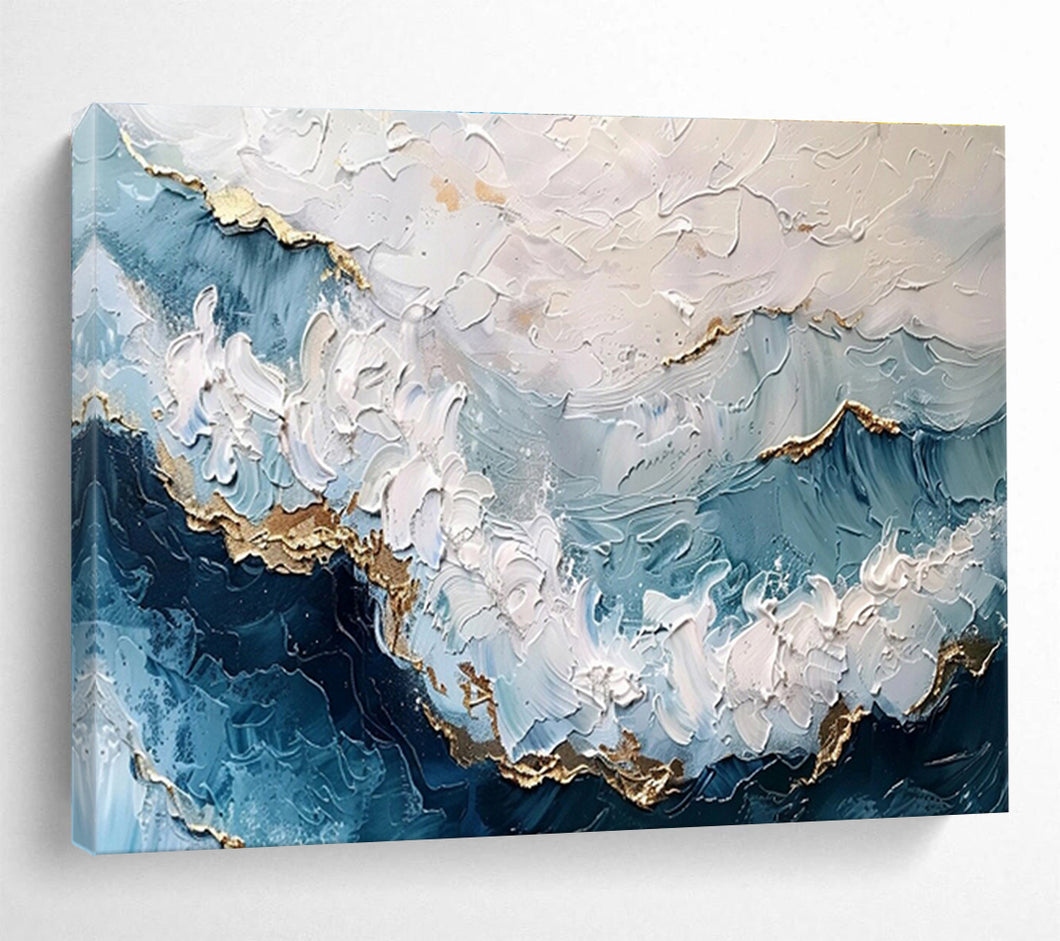 Textured Blue - White - Gold Wave Painting On Canvas DKH347