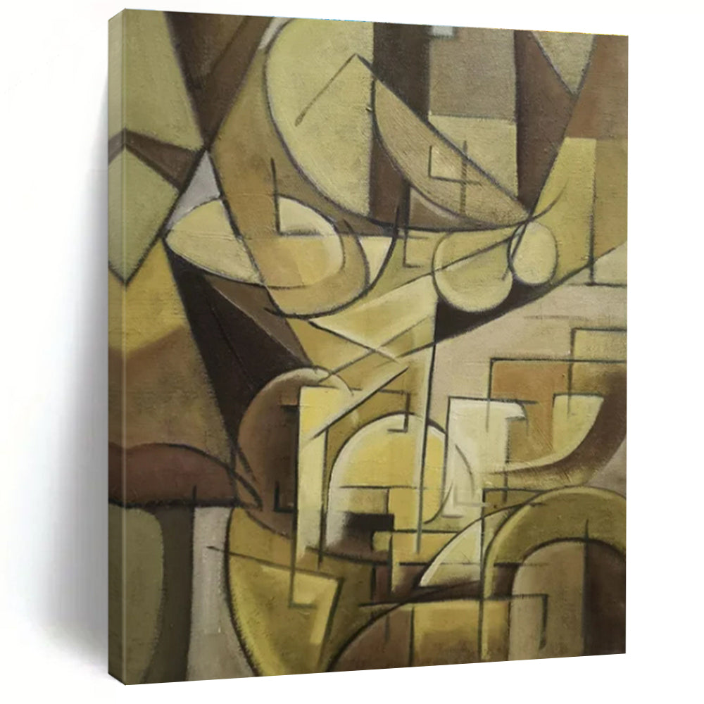 Brown Geometric Cubist Abstract Painting, Ideal for Retro Study & Art Gallery LargeART1430