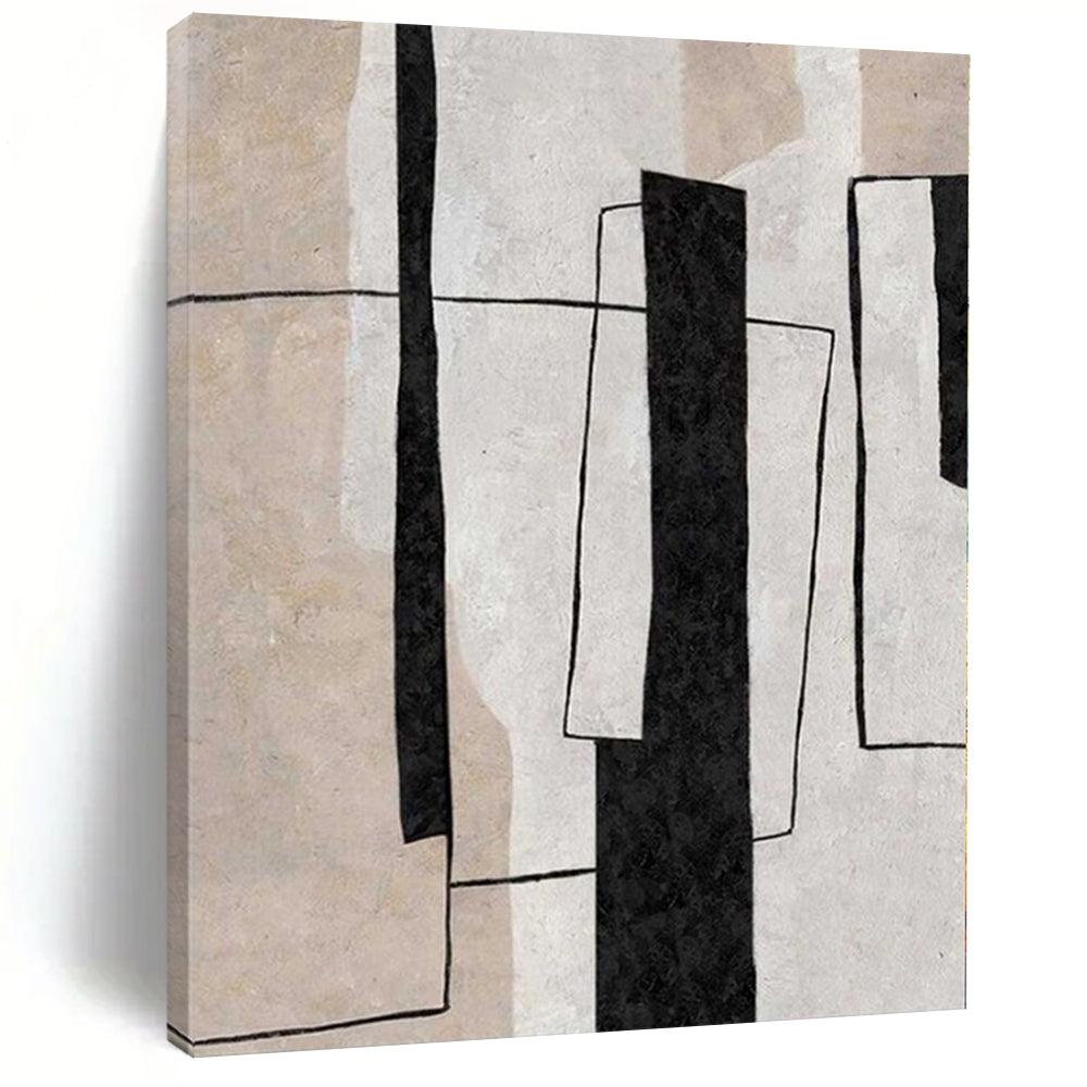 Black & Beige Geometric Abstract Canvas Painting, Nice for Modern Office & Sleek Entryway LargeART1103
