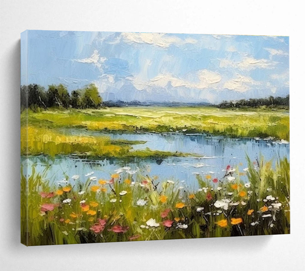 Vivid Landscape Abstract Painting with Blue Sky, Green Fields and Flowers for Countryside - Style Living Room & Relaxing Garden Café DKH271