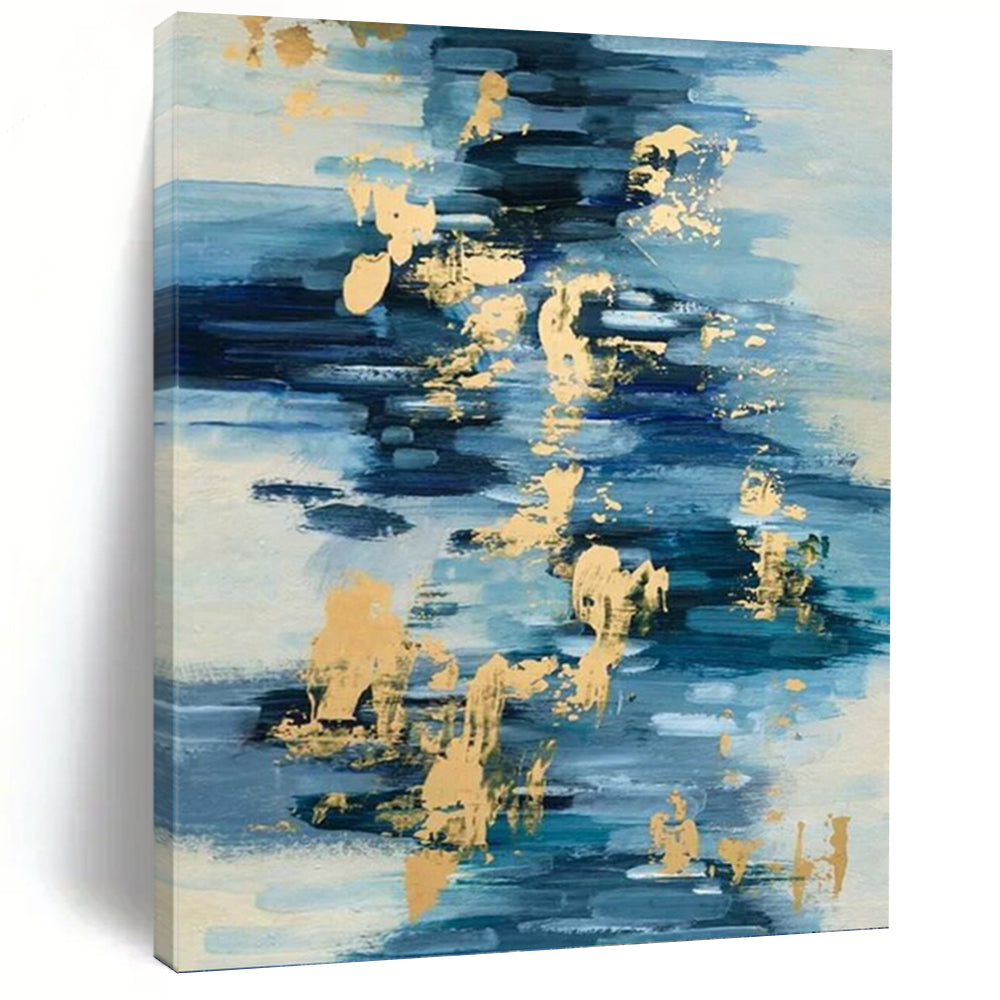 “Blue and Gold Ripples” Abstract Water - Inspired Painting on Canvas, Elegant Fluid Art DKH931
