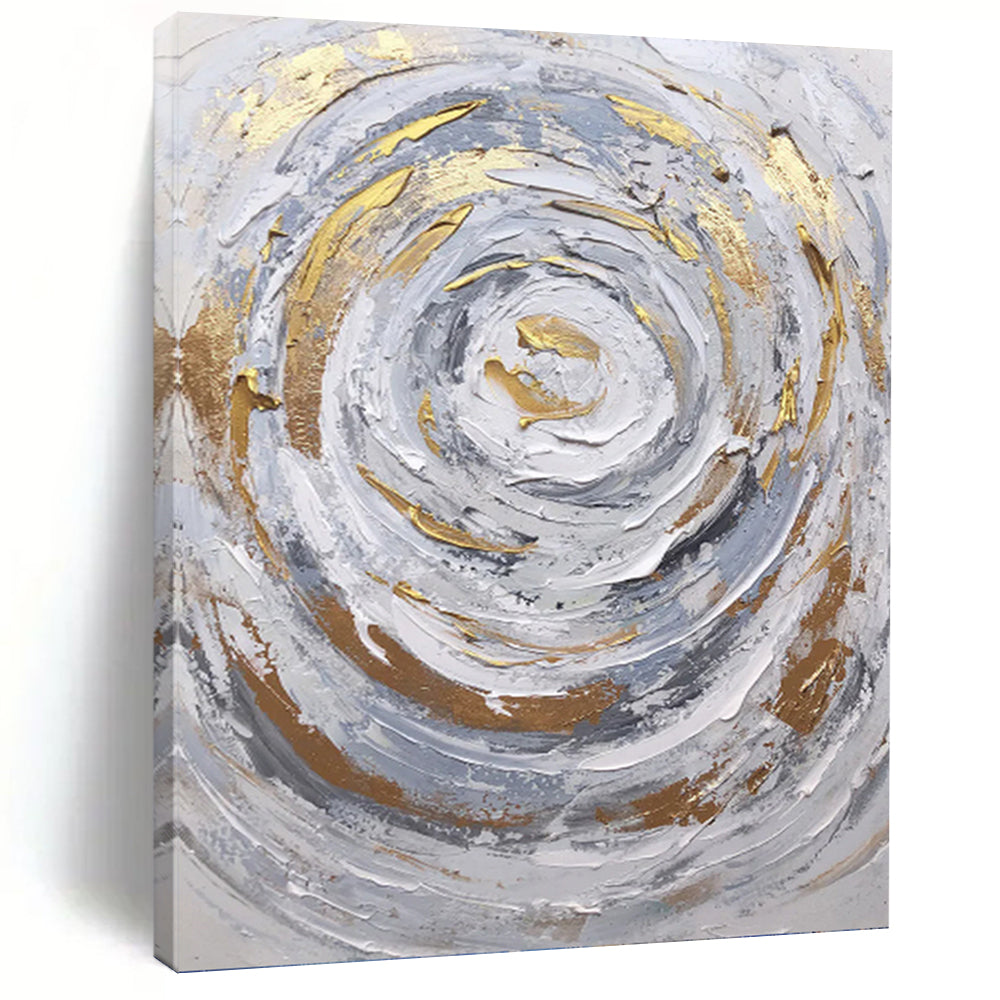 “Gilded Spiral Textured Abstract” - Grey, White, Gold Abstract Art on Canvas DKH1286