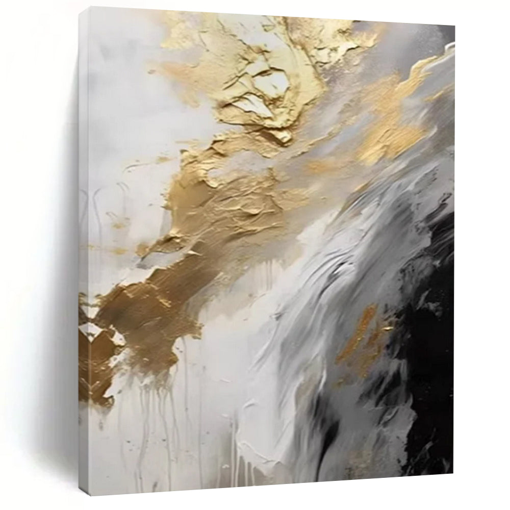 “Gilded Flow” ，White, gray, black, and gold, featuring fluid, dripping brushstrokes and metallic accents. DTP302