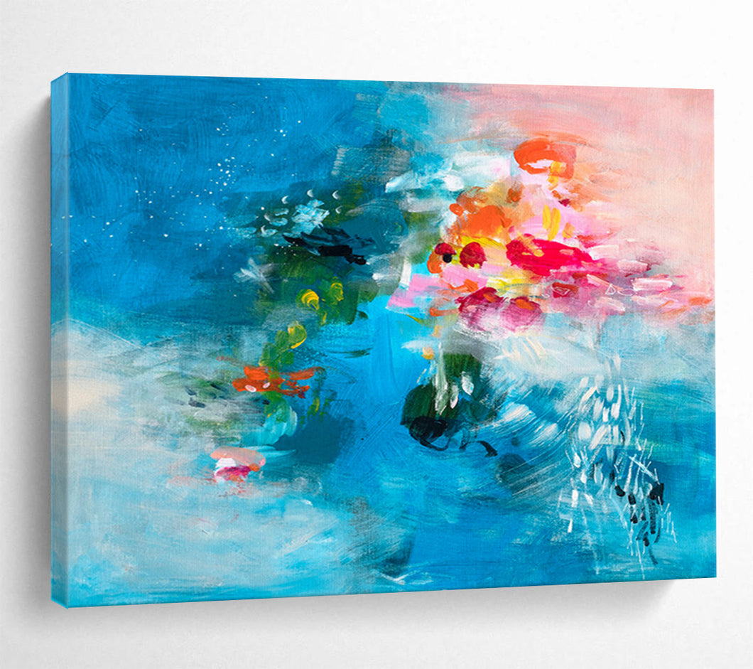 Blue - Pink Abstract Floral Painting - Ideal for Coastal Bedroom & Romantic Restaurant DKH030
