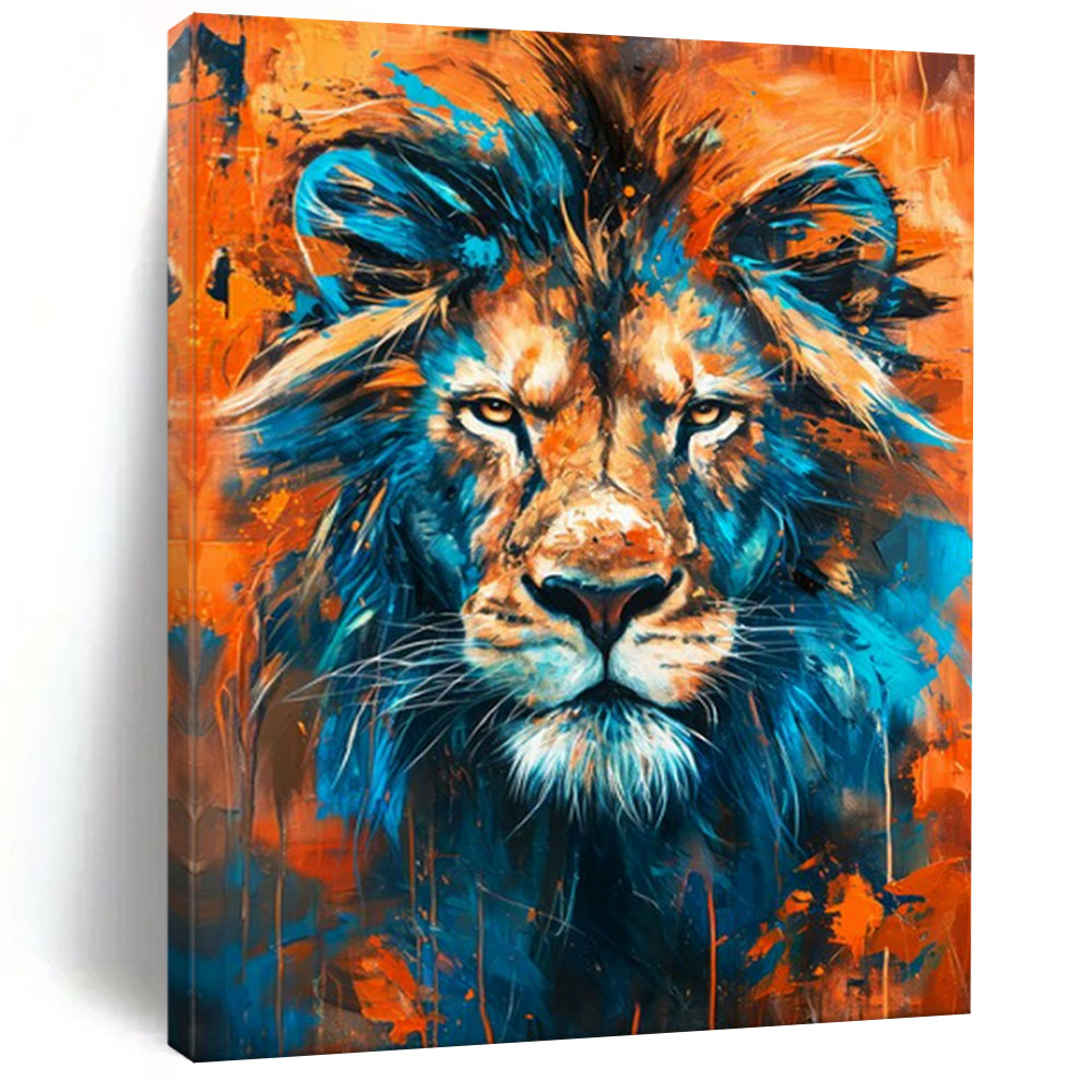 Bold Abstract Lion Art, Blue - and - Orange Toned Painting for Masculine Office & Wildlife - Themed Man Cave LargeART2212