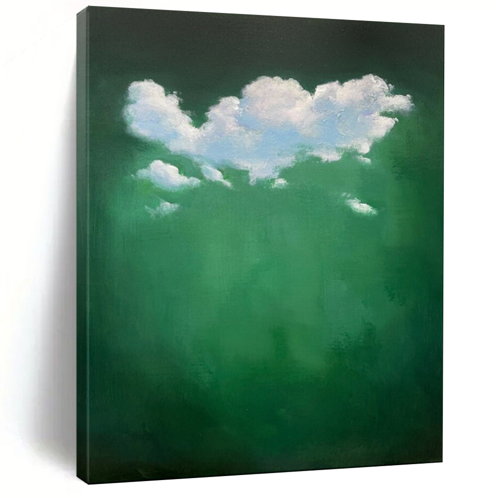 White Cloud Cluster on Green Abstract, Perfect for Nature - Themed Bedroom & Relaxing Reading Nook LargeART1990