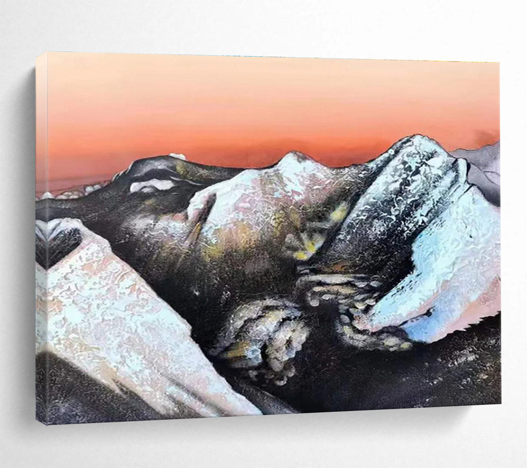 Snow - Capped Mountains with Orange Sky Abstract Painting on Canvas - “Mountain Dream” DKH651