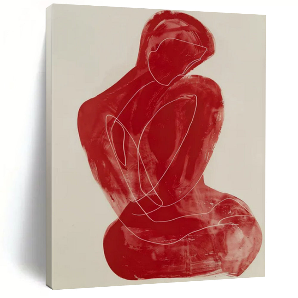 Line - Art Abstract Figure Art, Red - Toned Minimalist Painting for Contemporary Bedroom & Art Gallery LargeART2228