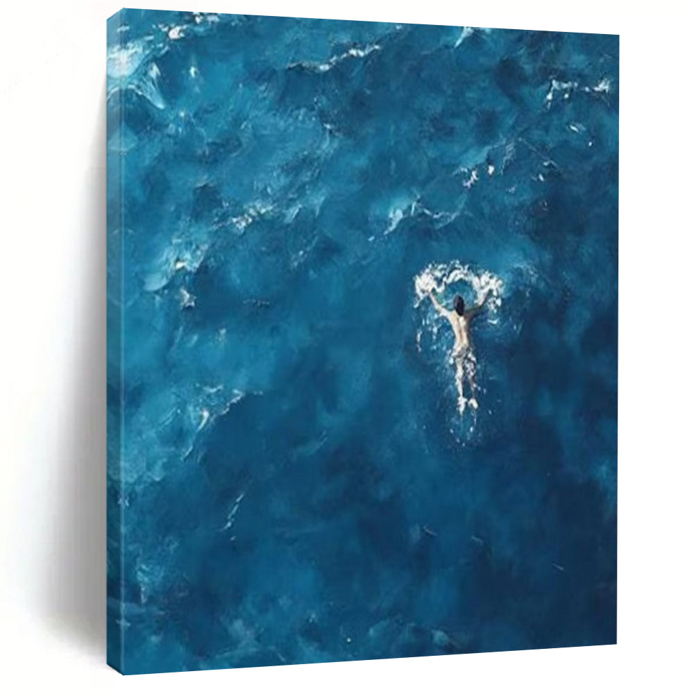 Solitary Swimmer in Blue Acrylic Art, Perfect for Beach House Bedroom & 冥想 Yoga Studio LargeART1065