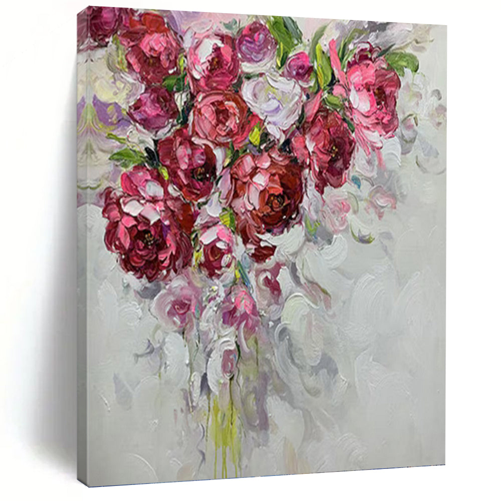 “Impasto Pink Flower Bouquet” - Vibrant Floral Art on Canvas DKH1464