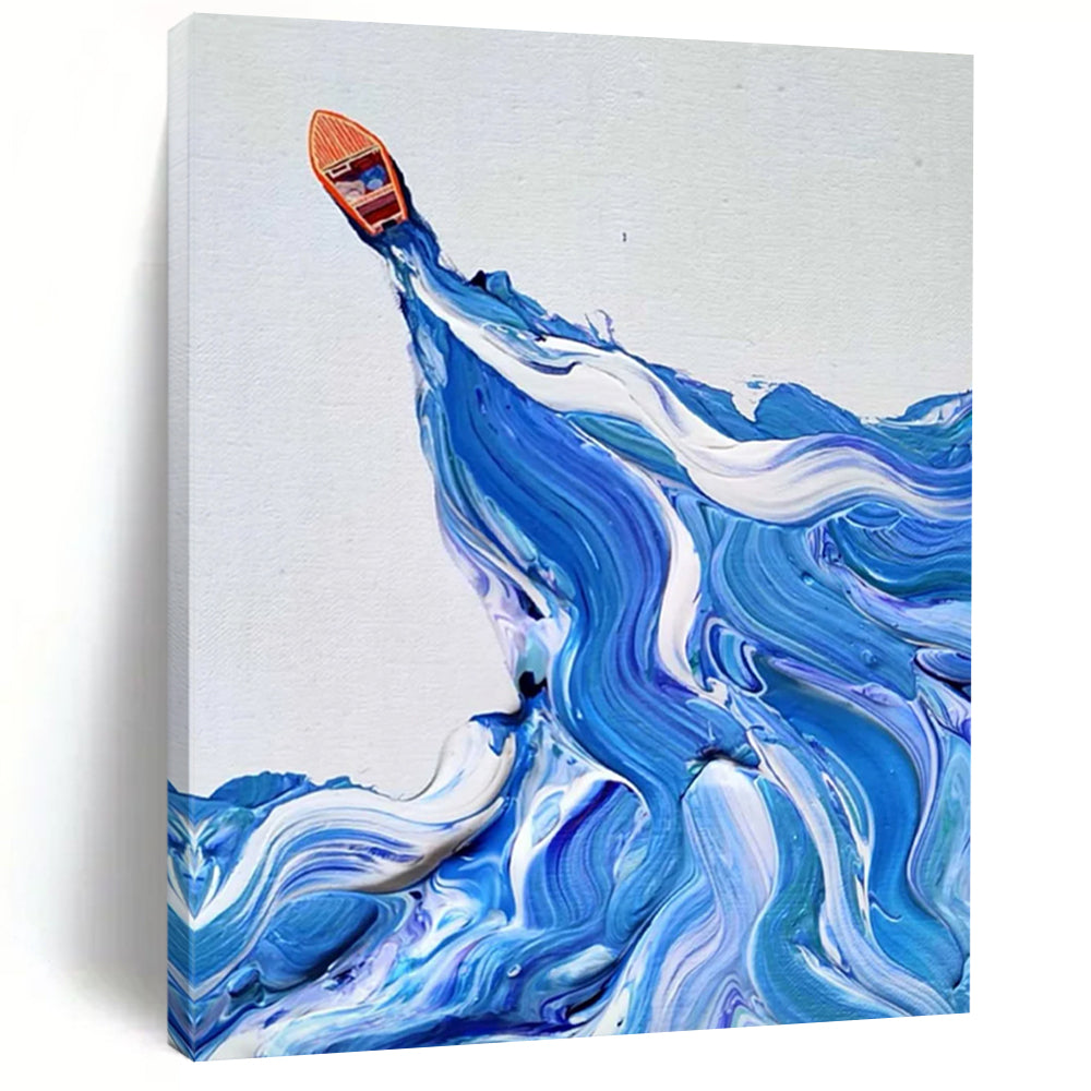 “Boat on Swirling Waves” – Small orange boat, dynamic blue and white swirling wave patterns. DTP321