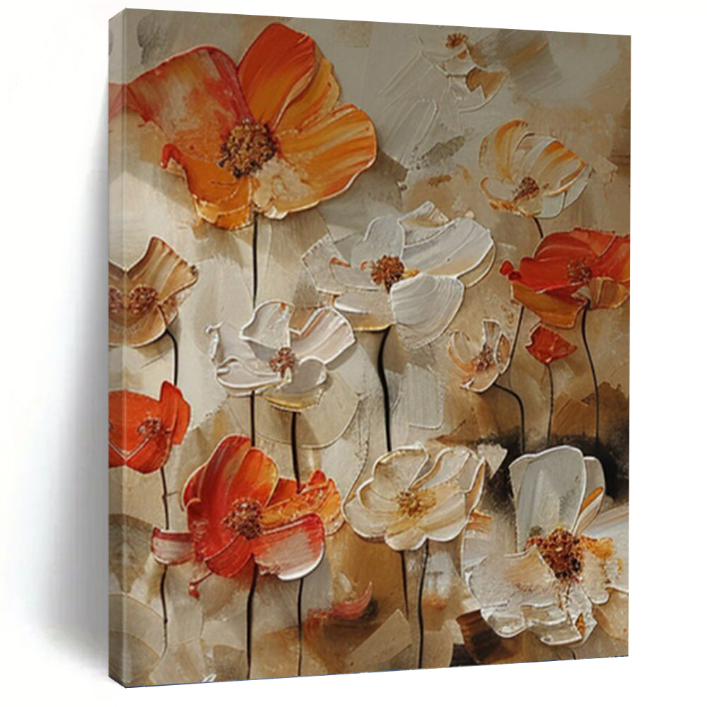 “Bold Floral Impasto” - Orange, White, and Brown Flower Art on Canvas DKH1399