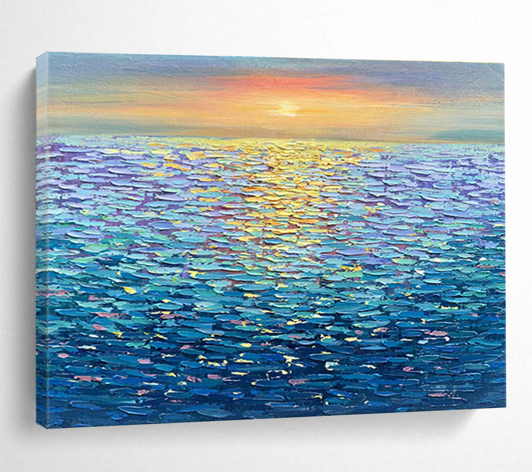 Seaside Sunset “Vibrant Horizon” Painting on Canvas, Luminous Ocean Art DKH855
