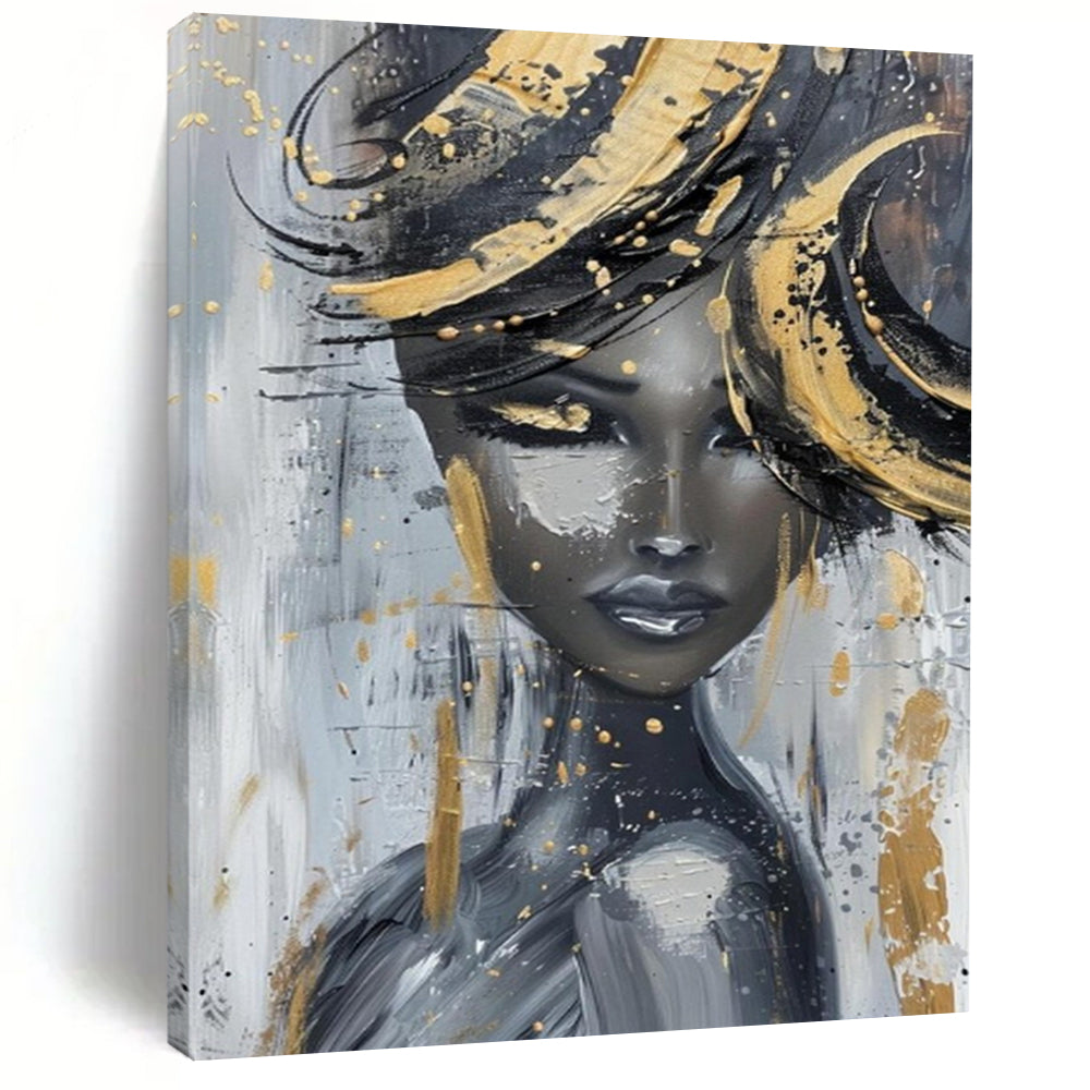 Gray - Toned Abstract Portrait, Gold - Splashed Art for Glamorous Dressing Room & Artistic Salon LargeART2196