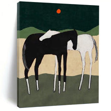 Load image into Gallery viewer, “Horse Duo in Nature” - Black, White, and Green Landscape Art on Canvas DKH1412
