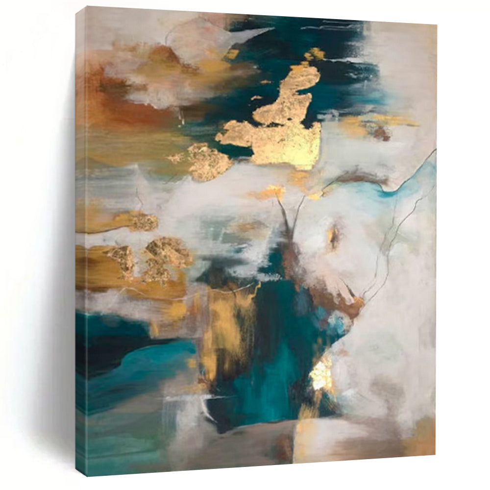 Teal, Gold & White Abstract Acrylic Art with Gold Accents, Suited for Glamorous Bedroom & Upscale Spa LargeART1002