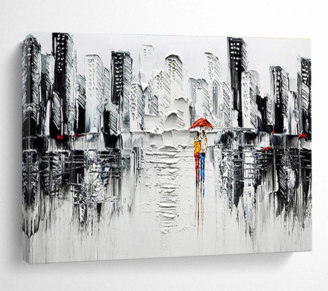 City Rain “Romantic Urban” Painting on Canvas, Impasto Cityscape Art DKH895