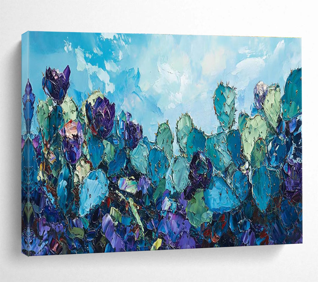 Blue Cactus “Desert Blossom” Painting on Canvas, Southwest - Themed Art DKH827
