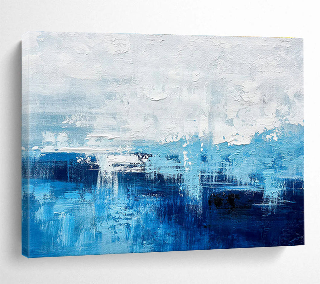 Blue and White Coastal Abstract Painting for Beach House & Serene Spa Lounge DKH275